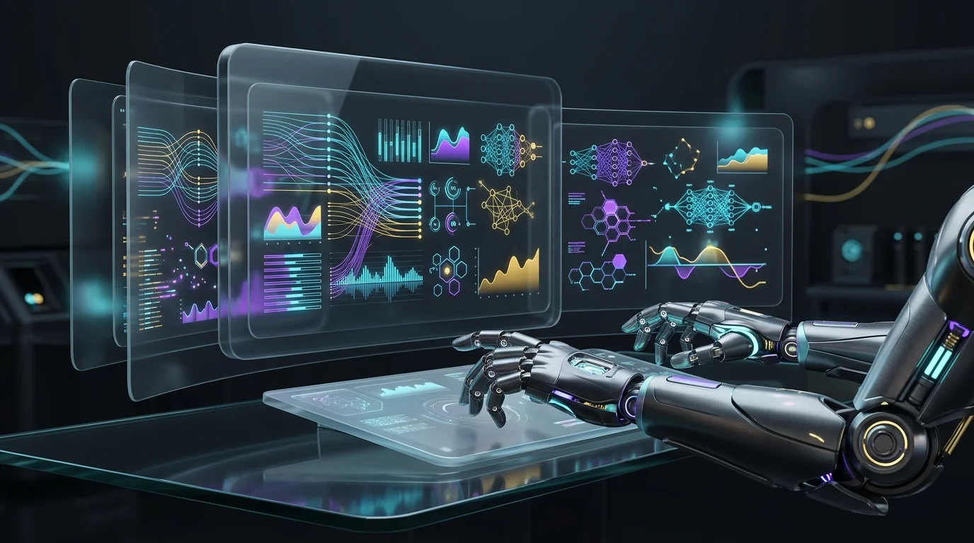 Robotic hand analyzing complex financial charts to demonstrate how AI algorithms process stock market data.