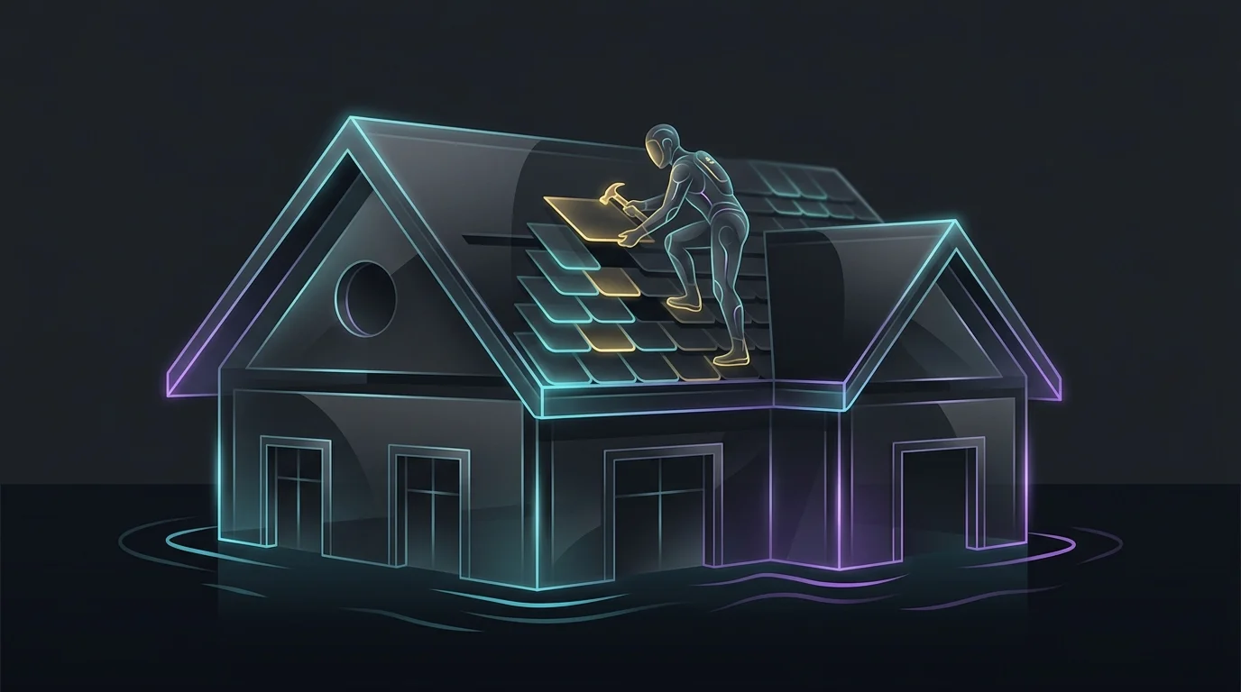 Person patching a roof on a house partially submerged in flood water to improve climate change insurance protection.