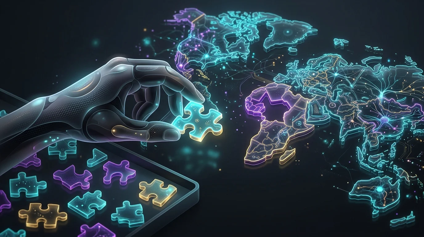 Hand placing a puzzle piece into a global map to represent choosing the right embedded insurance platform.