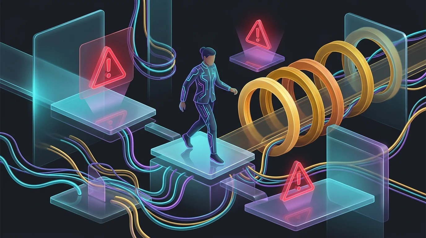 Professional navigating an obstacle course of regulatory hurdles and complex digital insurance platform interfaces.