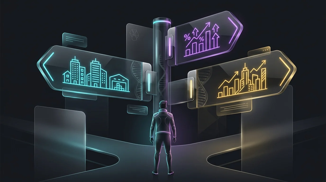 Investor at a crossroads choosing between tokenized real estate investment options based on yields and property types.