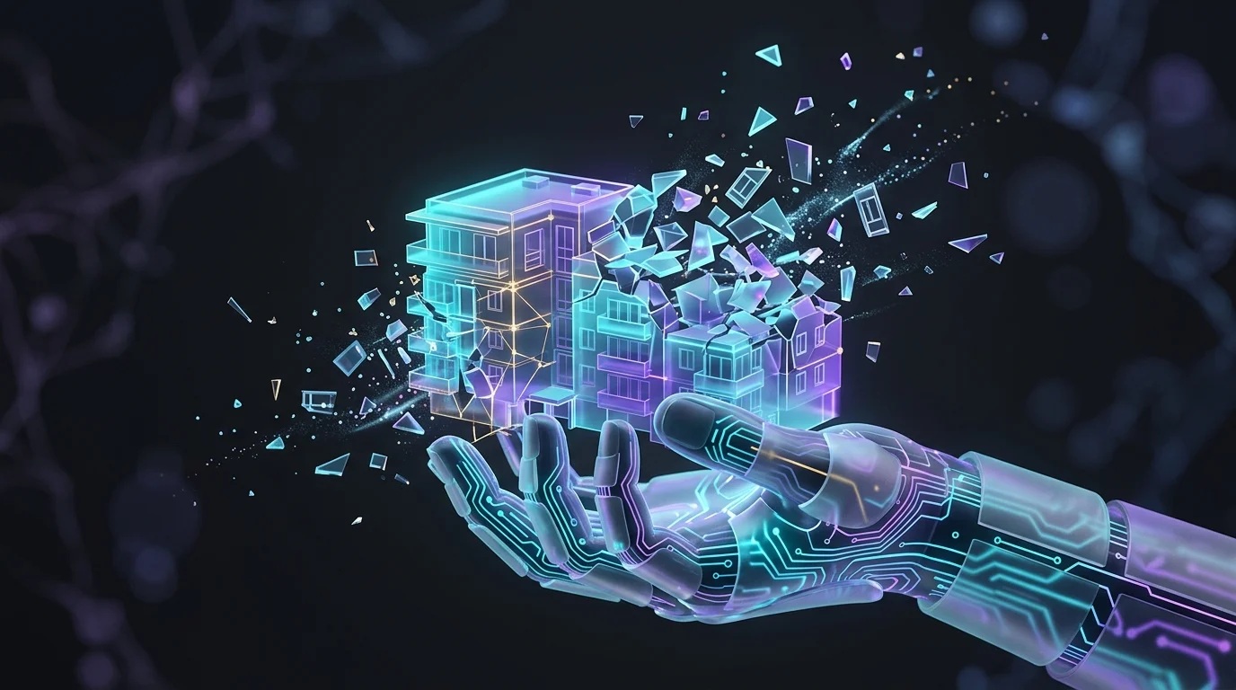 Digital hand holding a 3D residential building fragmenting into tokens to represent fractional real estate ownership.