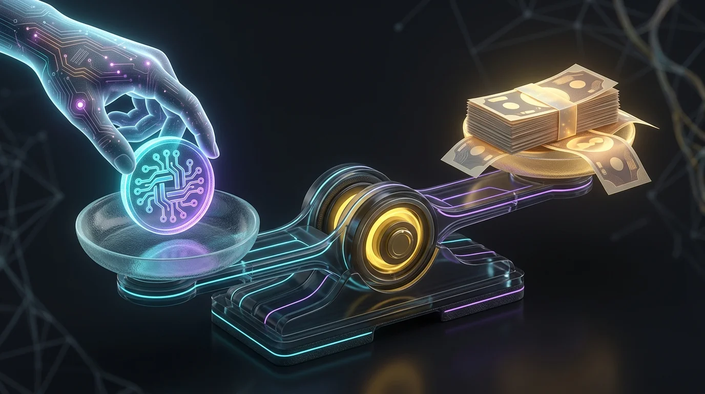 Digital token placed on a balance scale against cash to represent tokenized real estate buy-back liquidity options.