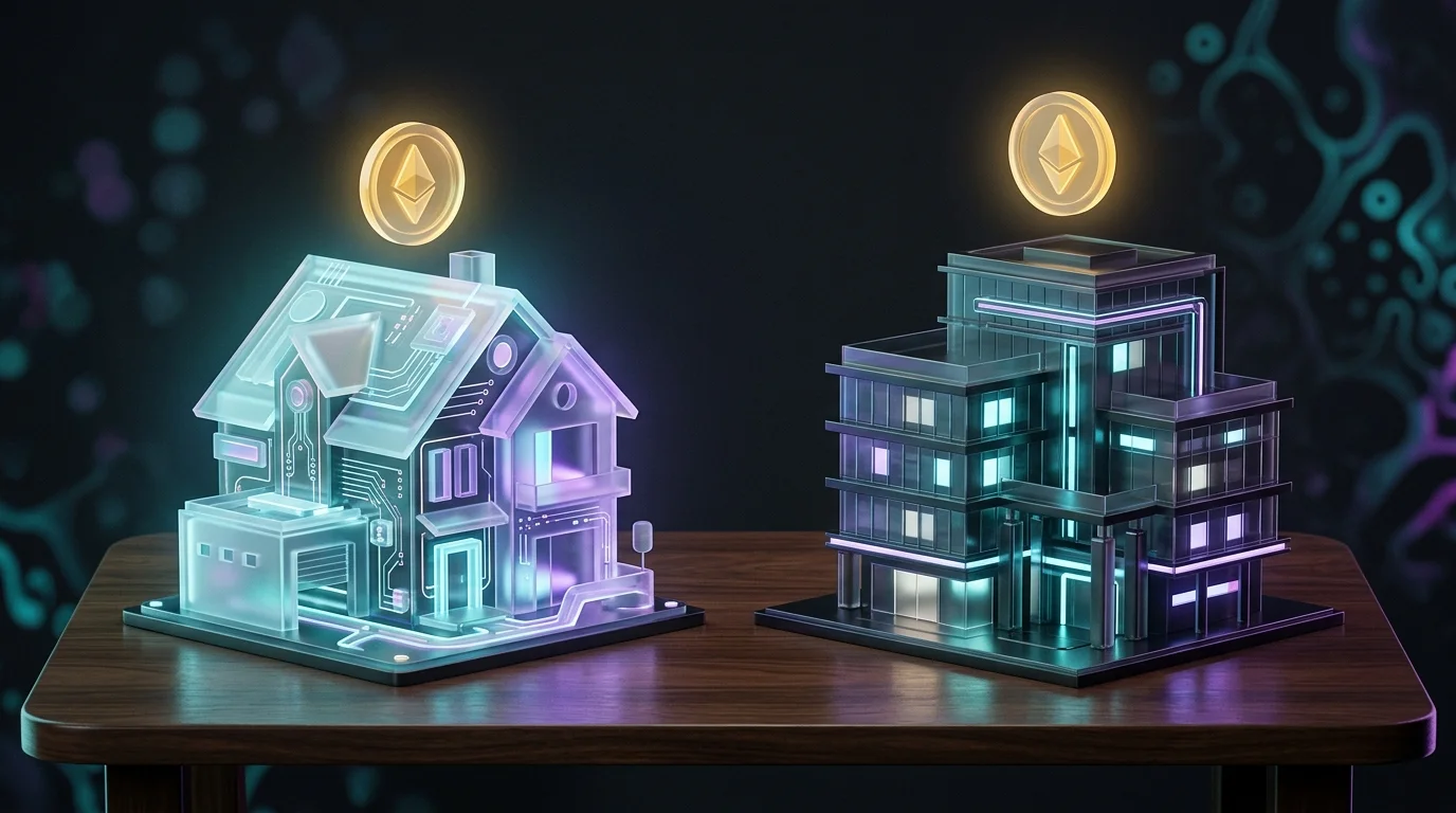Glowing digital house and office building models with gold token icons representing tokenized real estate investments.