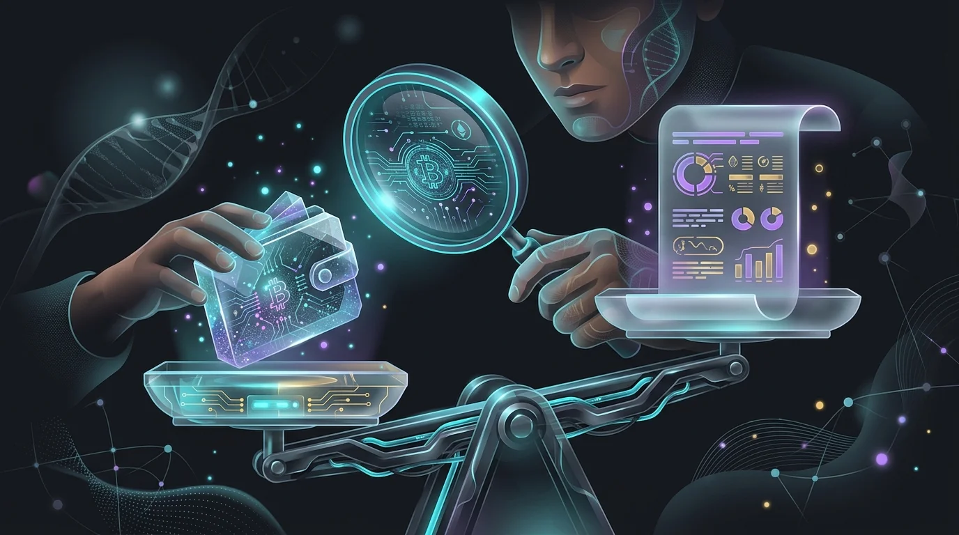 Person using a magnifying glass to compare crypto assets against digital wallet insurance policy coverage limits.