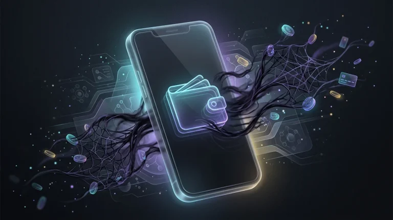 Shadowy web-like tendrils draining coins from a digital wallet app, highlighting common digital wallet security risks.
