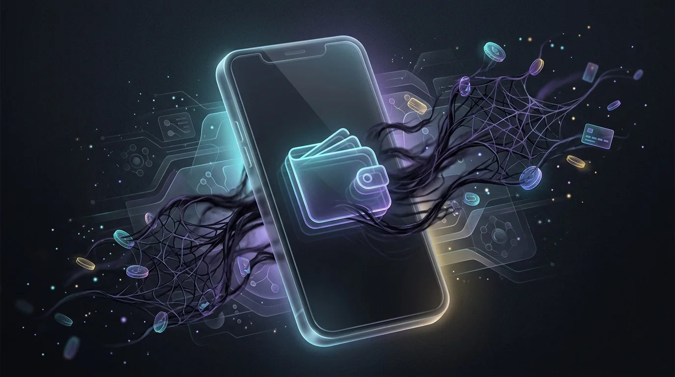 Shadowy web-like tendrils draining coins from a digital wallet app, highlighting common digital wallet security risks.