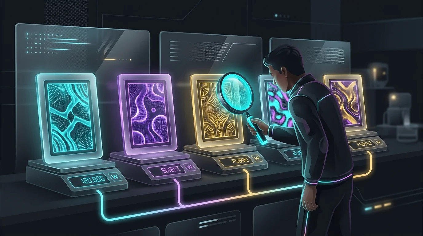 Magnifying glass inspecting digital art frames on scales to compare NFT insurance coverage and valuation.