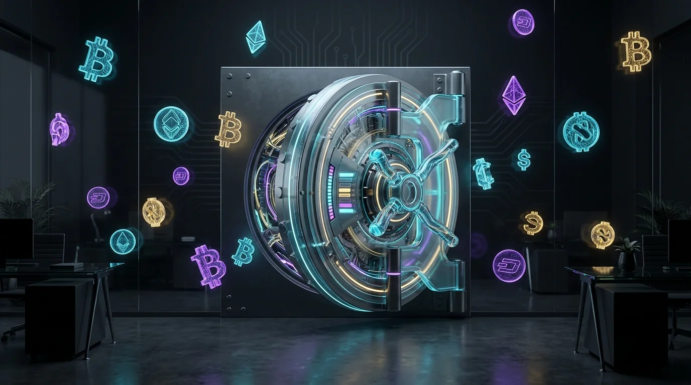 Heavy vault door in a modern office representing secure digital asset and crypto insurance coverage.