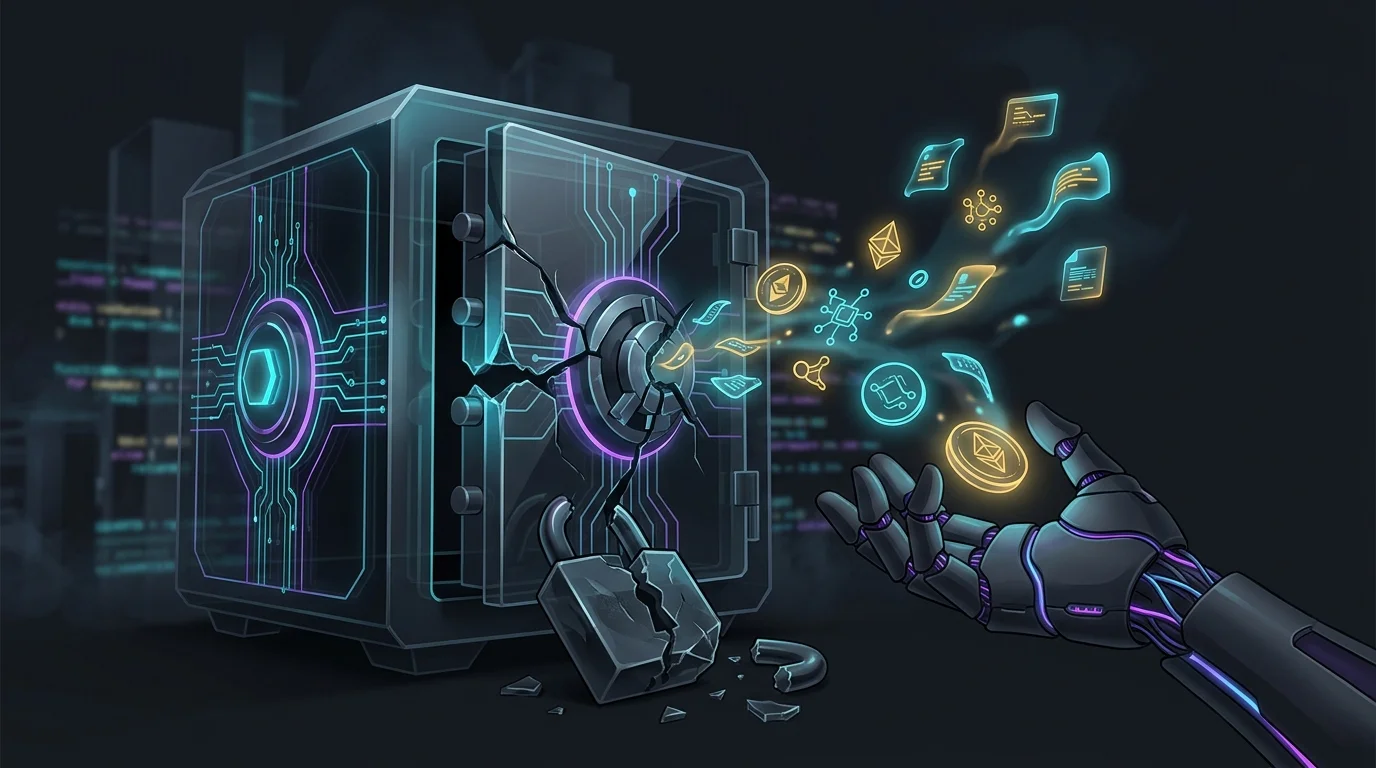 Glass safe with a shattered lock and floating NFTs being stolen by a robotic hand, illustrating cyber insurance risks.