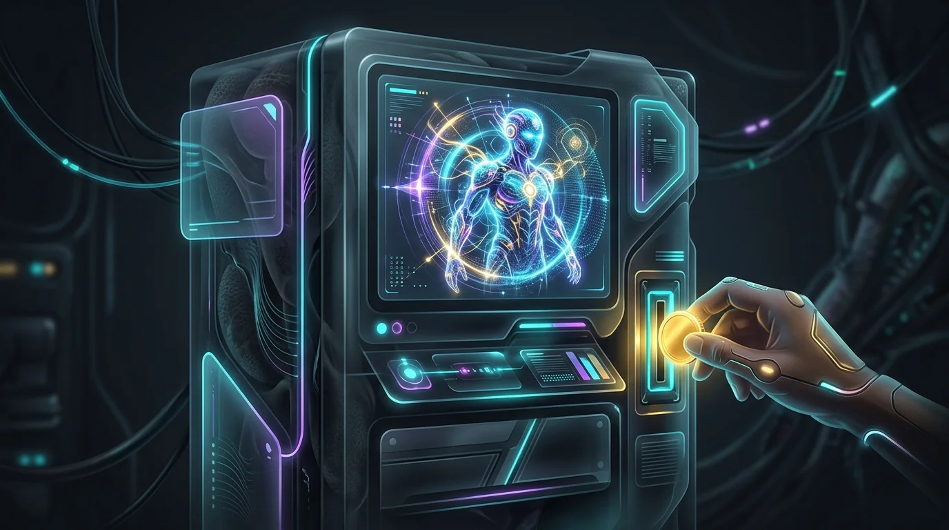 Hand placing a gold coin into a digital vending machine displaying a holographic avatar for metaverse investment.