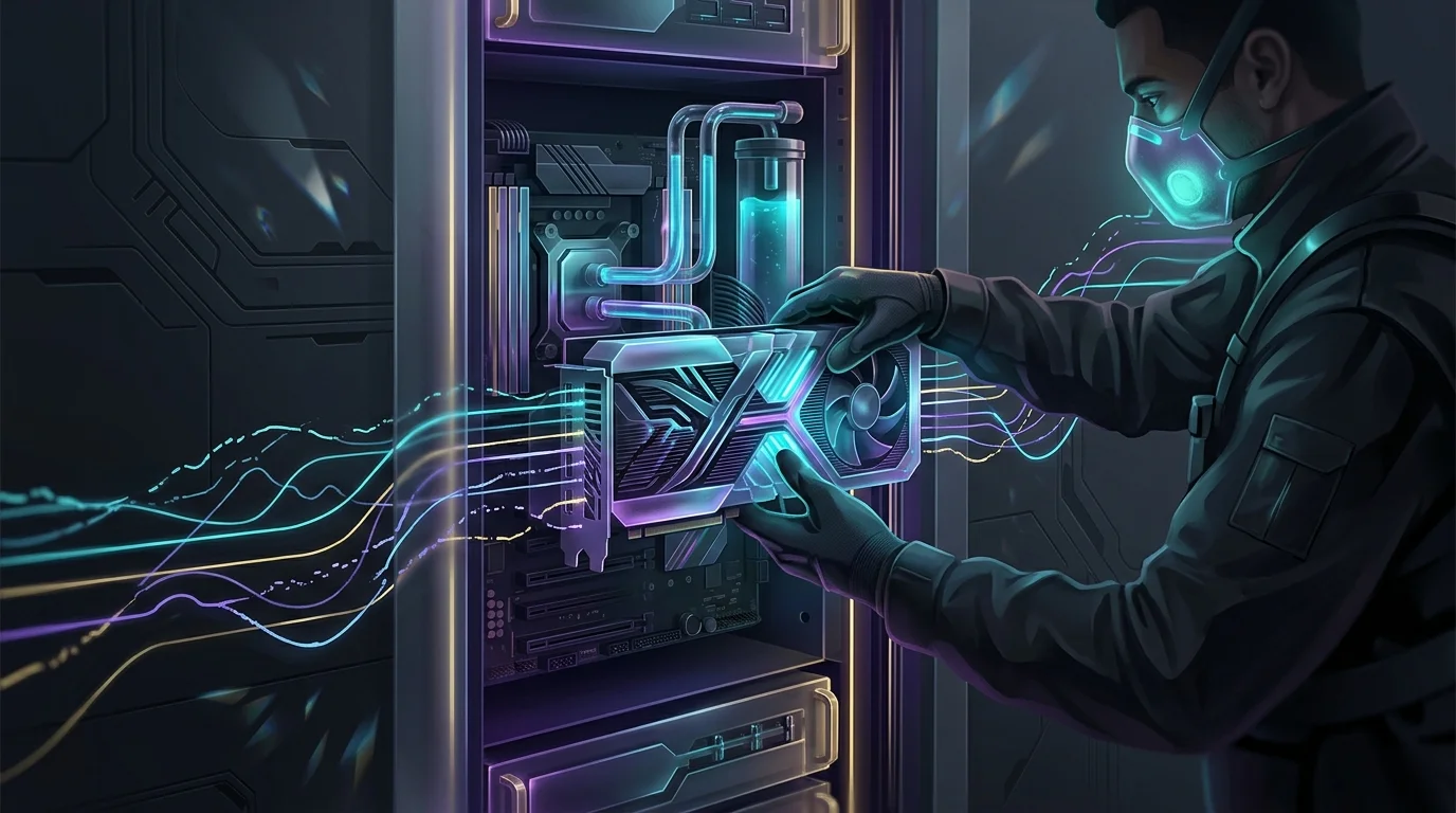 Technician installing a high-performance GPU into a server rack to support metaverse infrastructure growth.