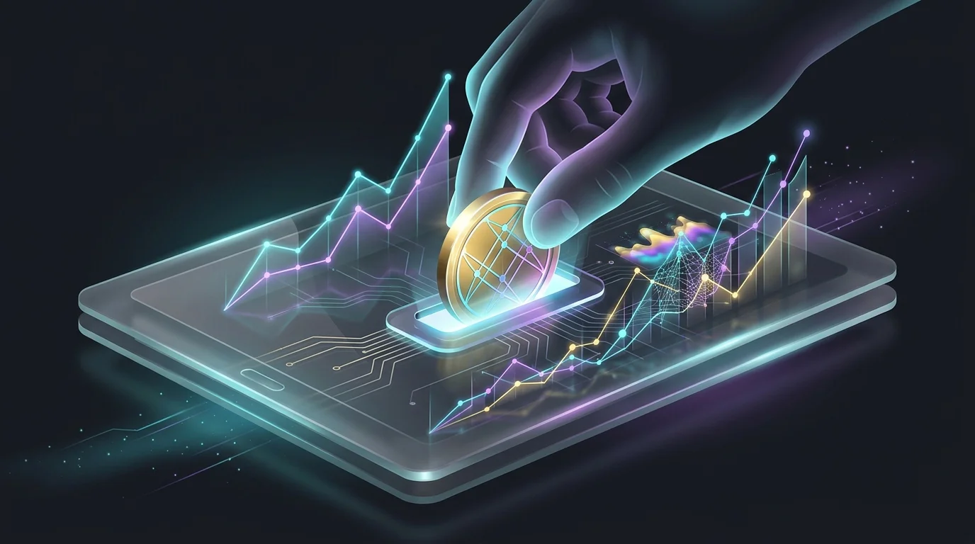 Hand placing a digital coin into a futuristic tablet showing growth charts for metaverse investment tokens.