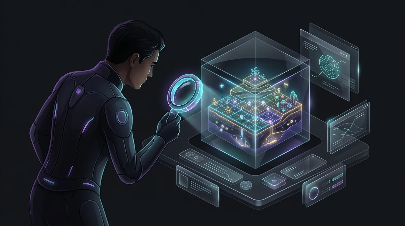 Digital magnifying glass inspecting a glowing, gridded plot of virtual real estate for metaverse investment.