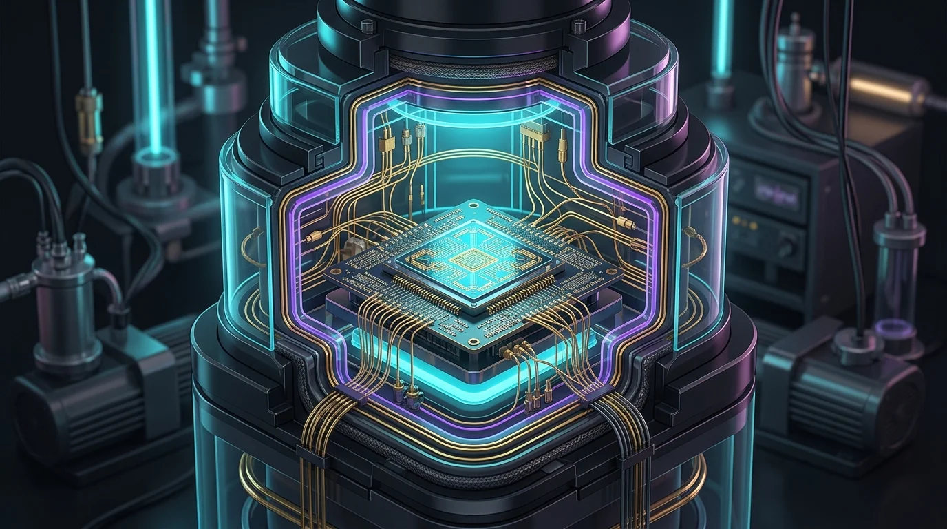 Nvidia GPU hardware inside a cryogenic cooling chamber for quantum computing systems.