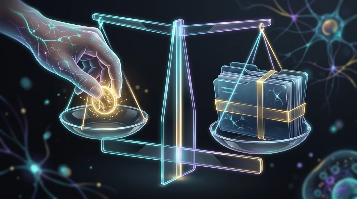 Hand placing a gold coin into a balanced scale with investment folders to illustrate quantum computing portfolio risk.