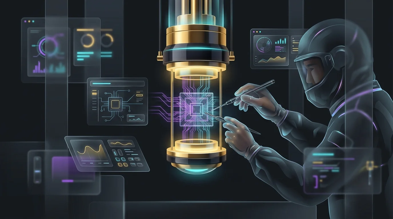 Technician assembling a gold-plated quantum processor chip to advance quantum computing hardware capabilities.