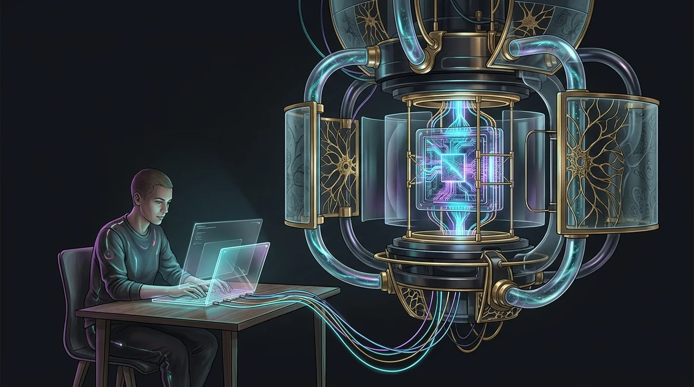 Developer using a laptop to run quantum software on a futuristic cryogenic processor for cloud computing.