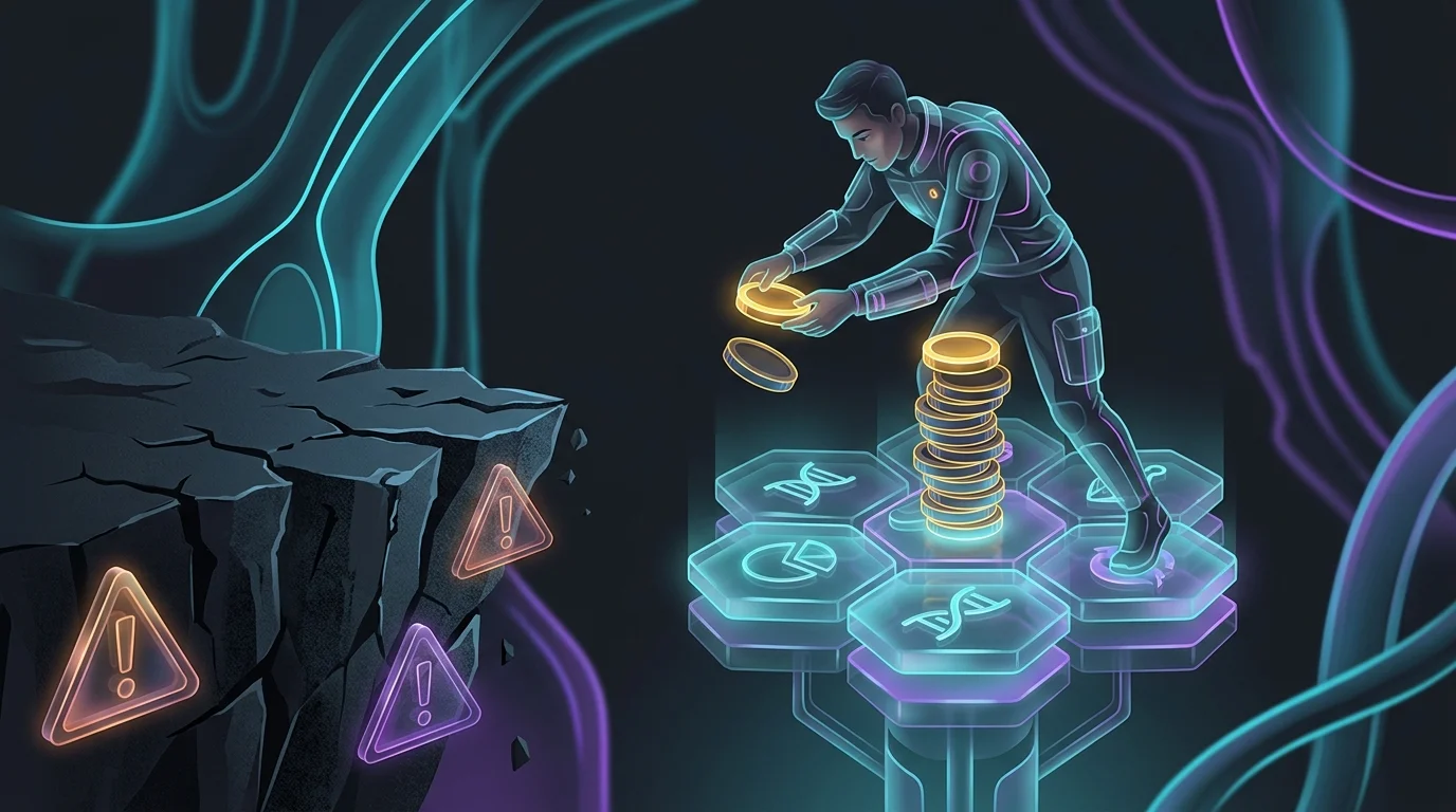 Investor balancing coins on a stable platform to avoid risks when choosing social trading platforms.