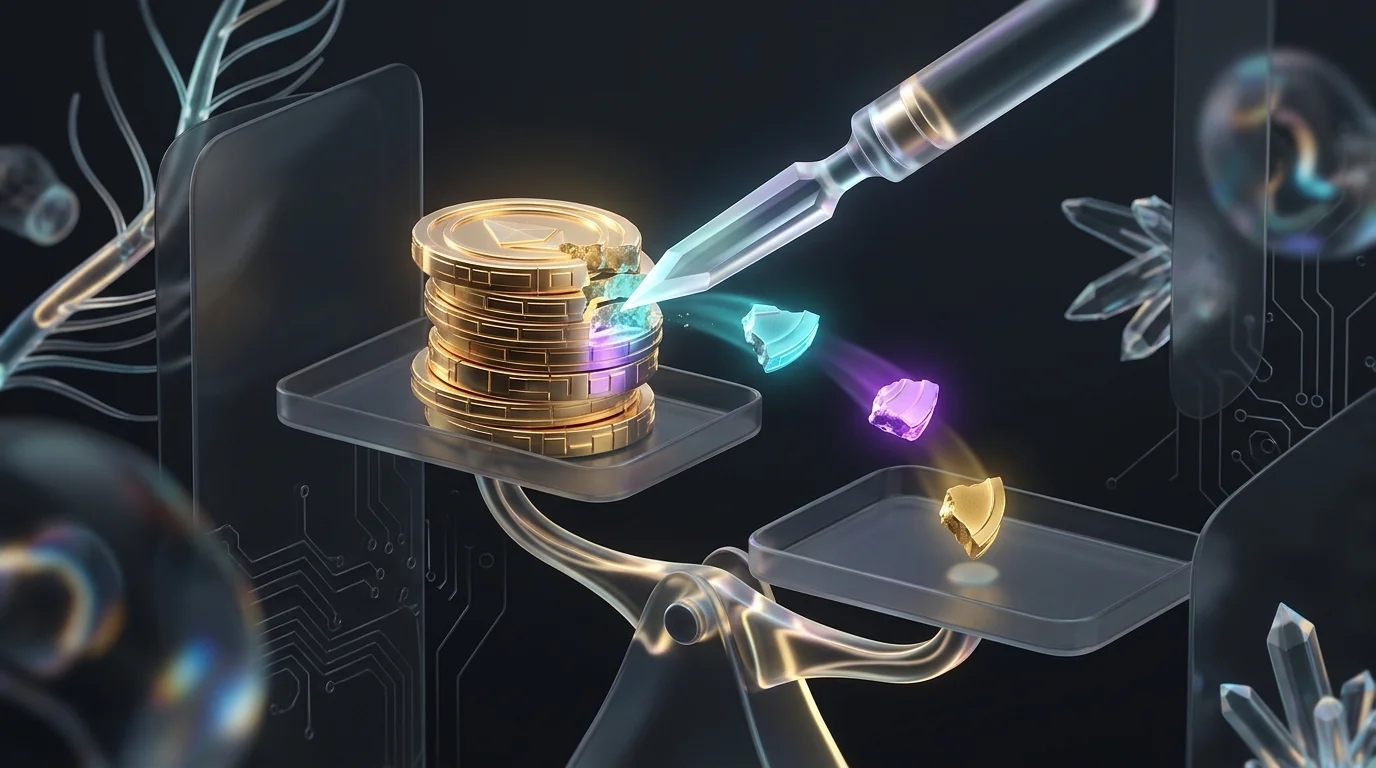Gold coins on a scale being carved by a chisel to represent social trading platform fees and profit deductions.