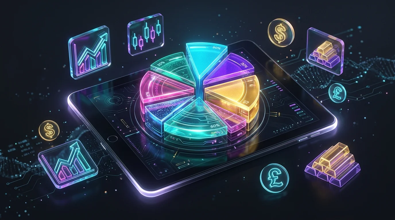 Digital tablet showing a pie chart of top social trading platforms with investment icons like stocks and gold.