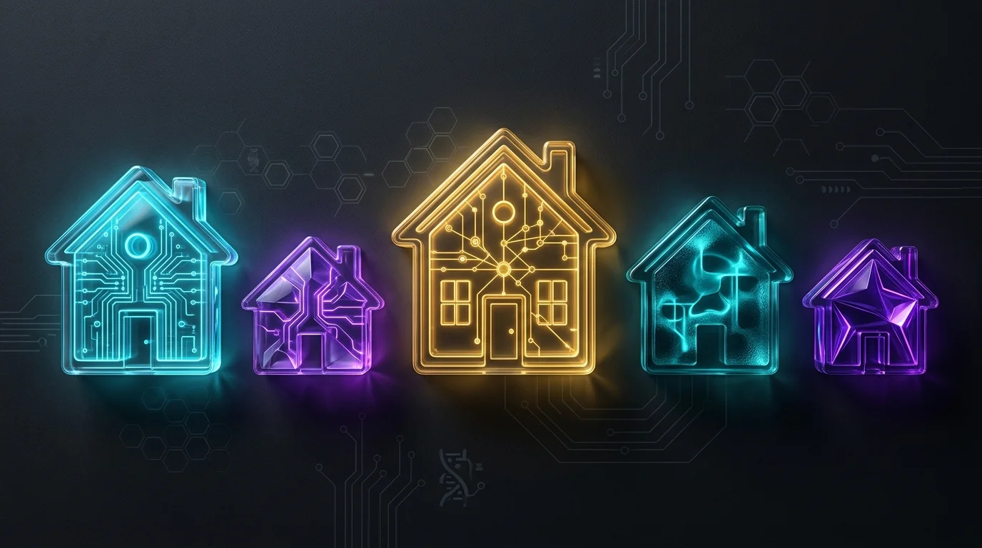 House-shaped puzzle pieces representing different fractional real estate platforms and ownership shares.