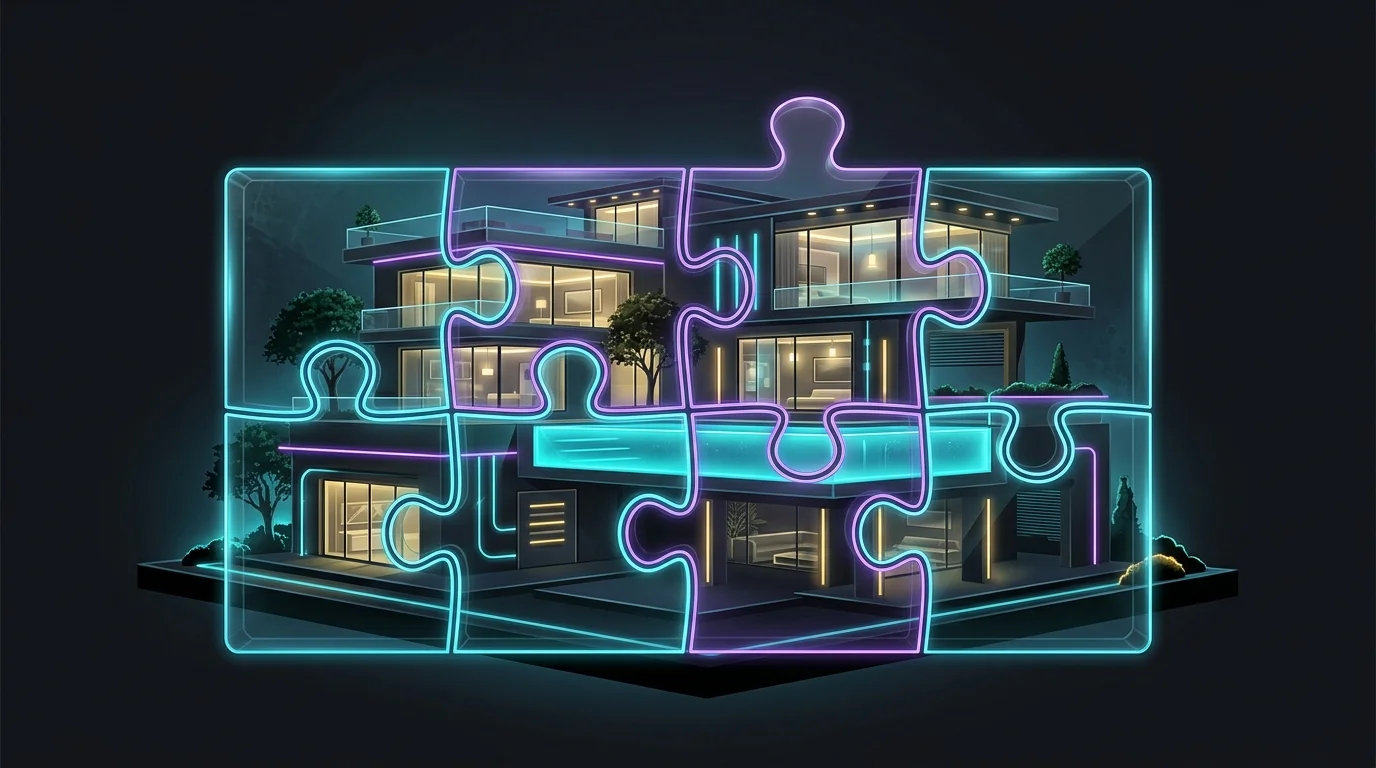Luxury vacation home divided into eight transparent puzzle pieces representing fractional real estate ownership.