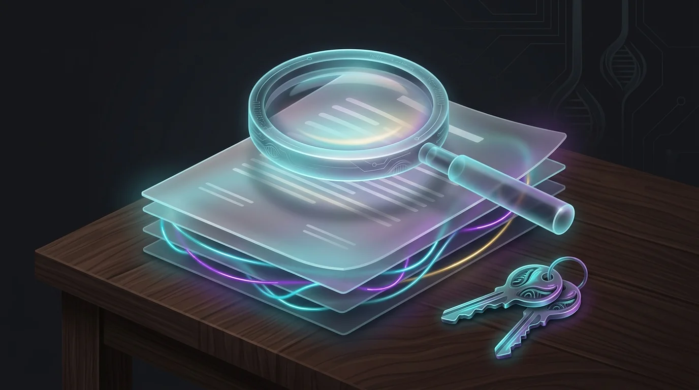 Magnifying glass over property documents and keys to evaluate a fractional real estate ownership share.