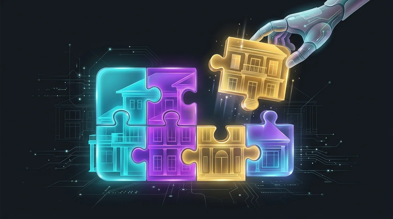 Hand lifting a puzzle piece from a luxury mansion representing fractional real estate ownership on Pacaso.