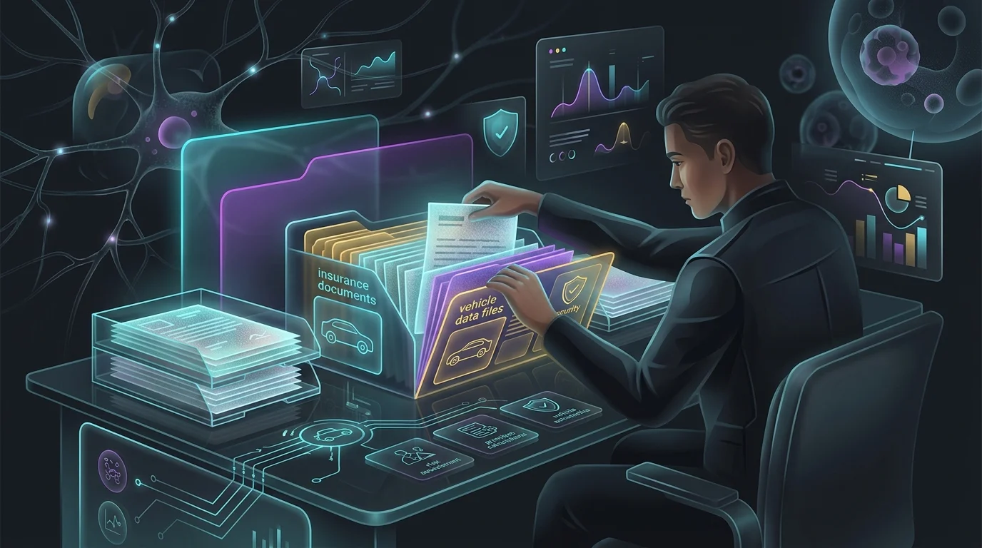 Person organizing vehicle data and insurance documents to secure lower autonomous vehicle insurance premiums.