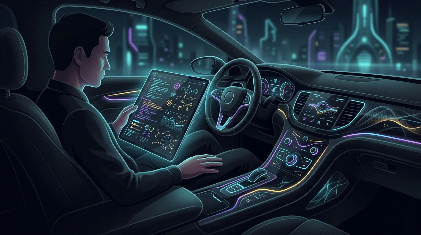 Driver reviewing vehicle software logs and data on a tablet while using autonomous vehicle insurance features.