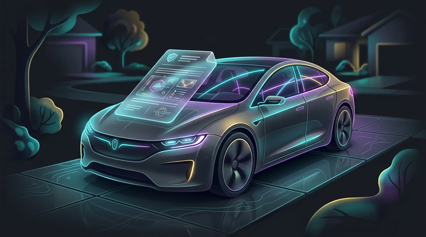 Modern self-driving car parked in a driveway with an autonomous vehicle insurance policy document on the hood.