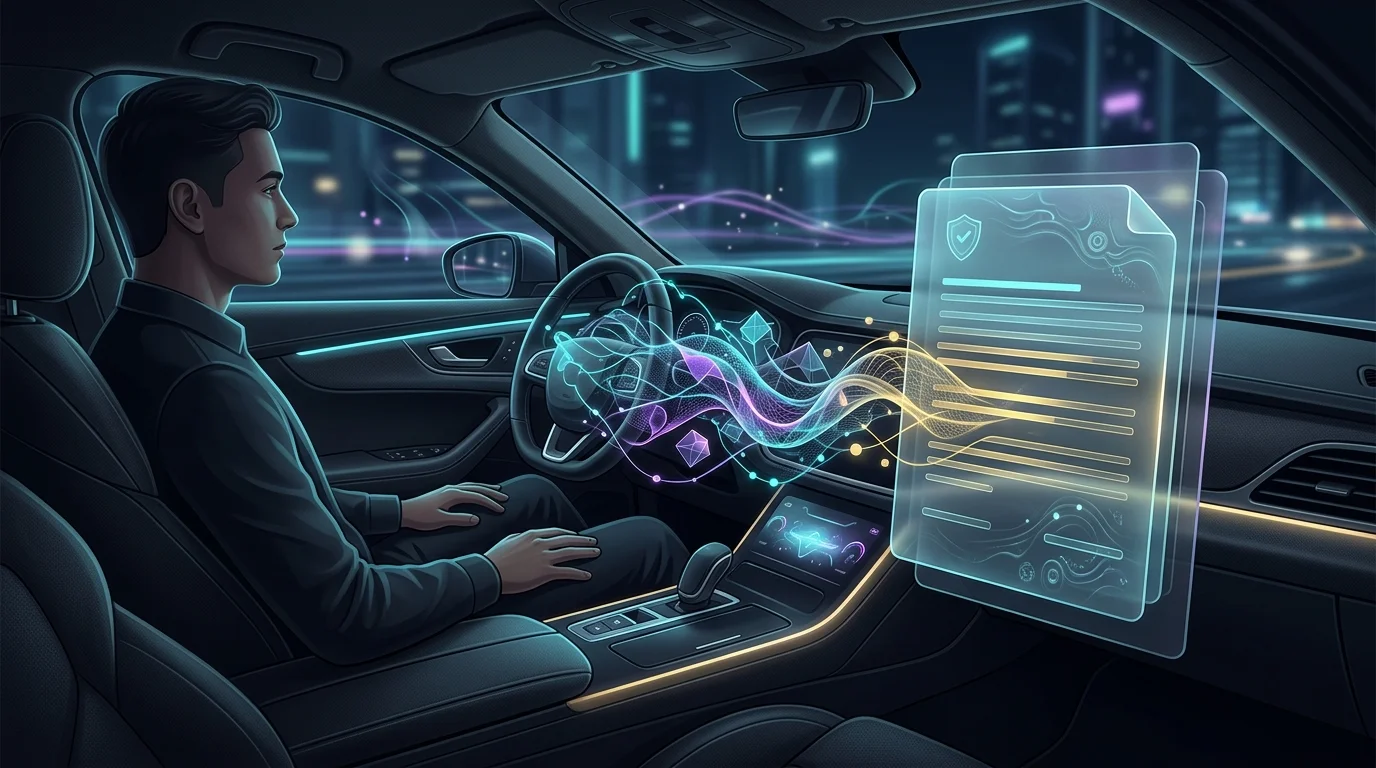 Person in an autonomous vehicle reviewing insurance policy details as software data connects to the document.