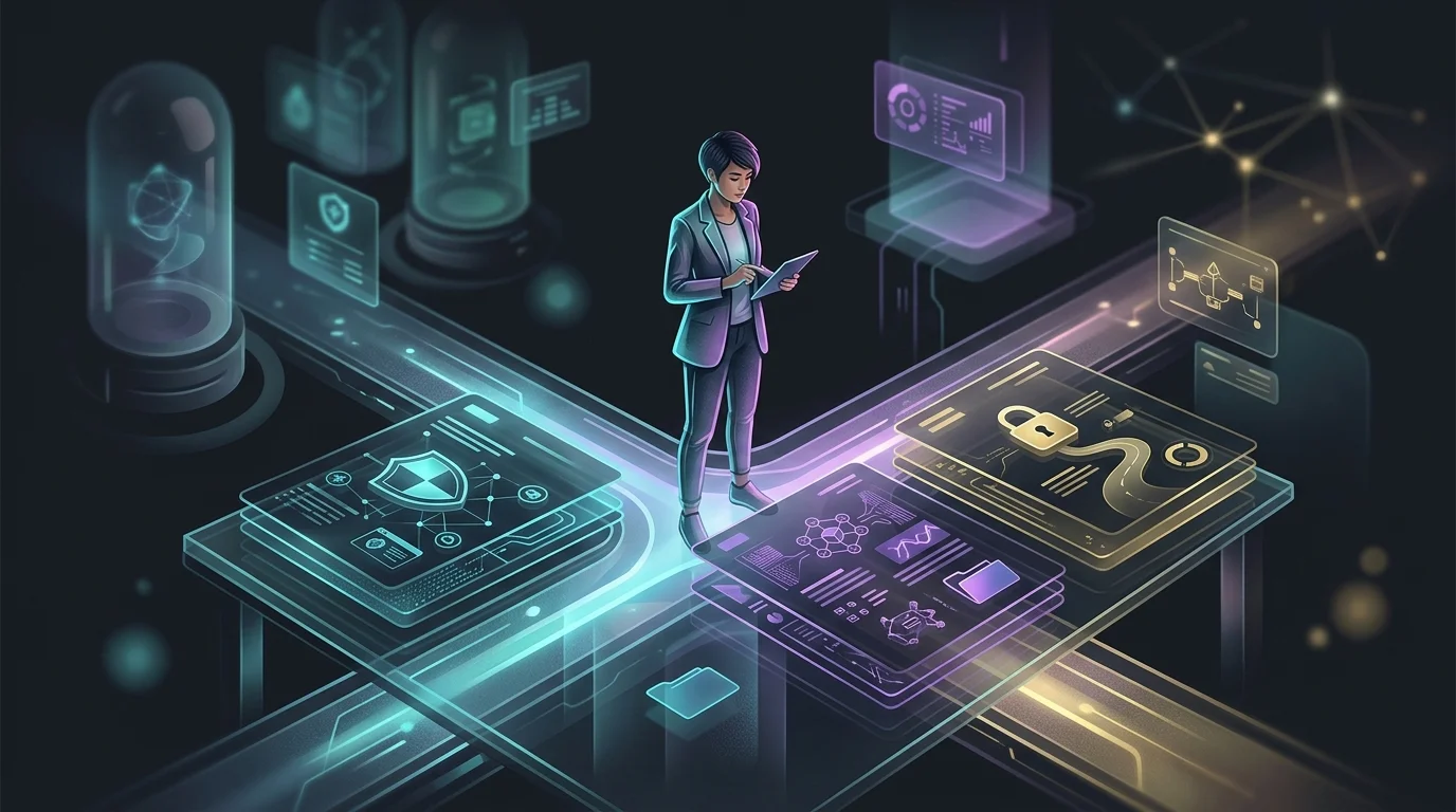 Person choosing between smart contract insurance policies to secure digital assets at a crossroads.