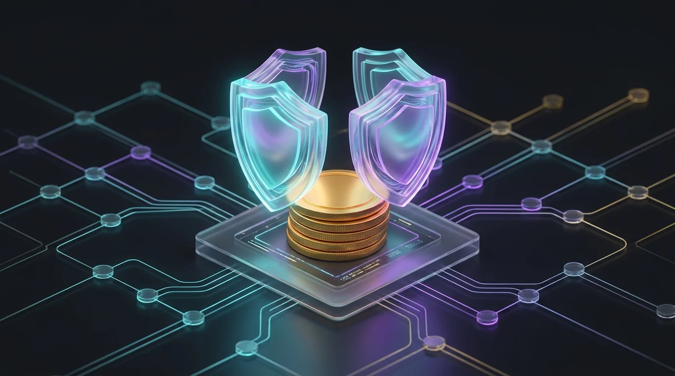 Glowing digital shields protecting gold coins on a blockchain grid to represent Nexus Mutual smart contract insurance.