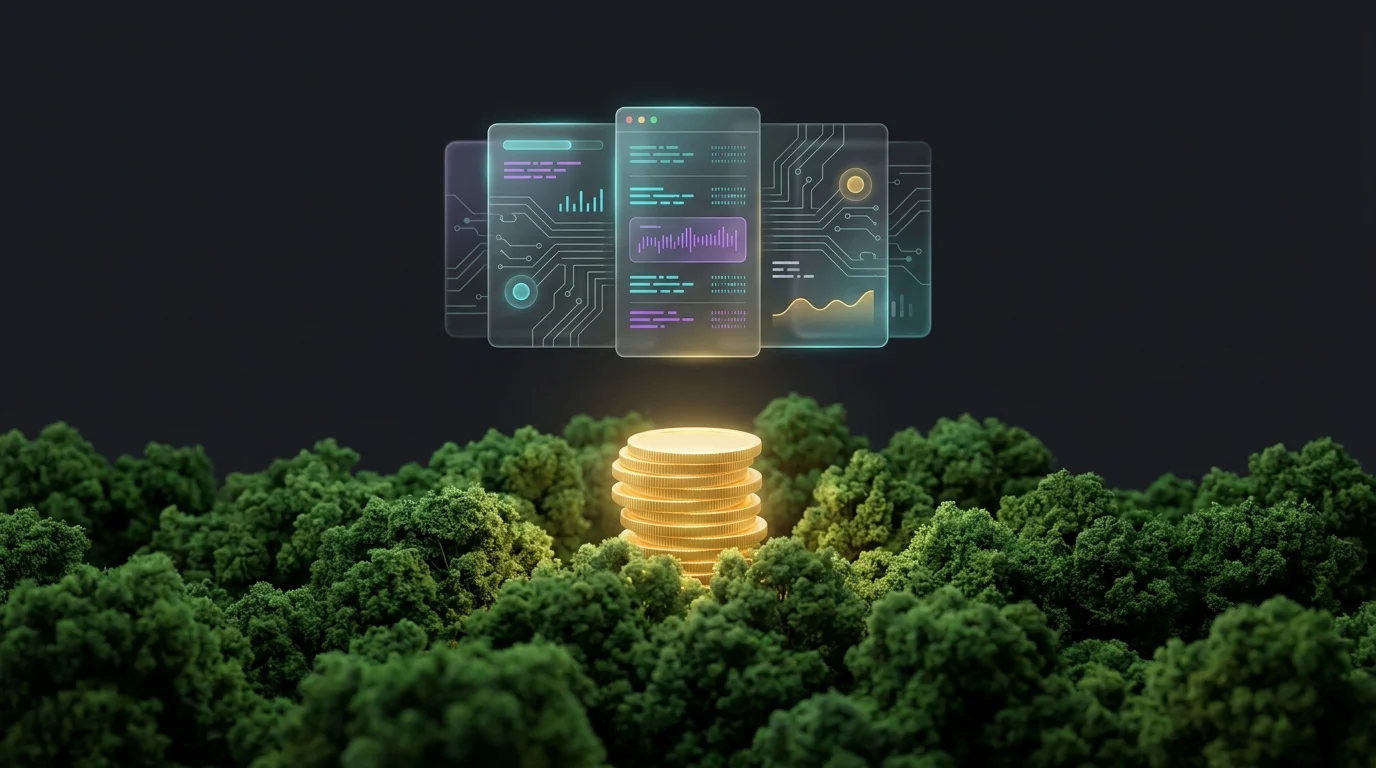 Gold coins and a digital ledger over a forest canopy representing a carbon offset investment fund.