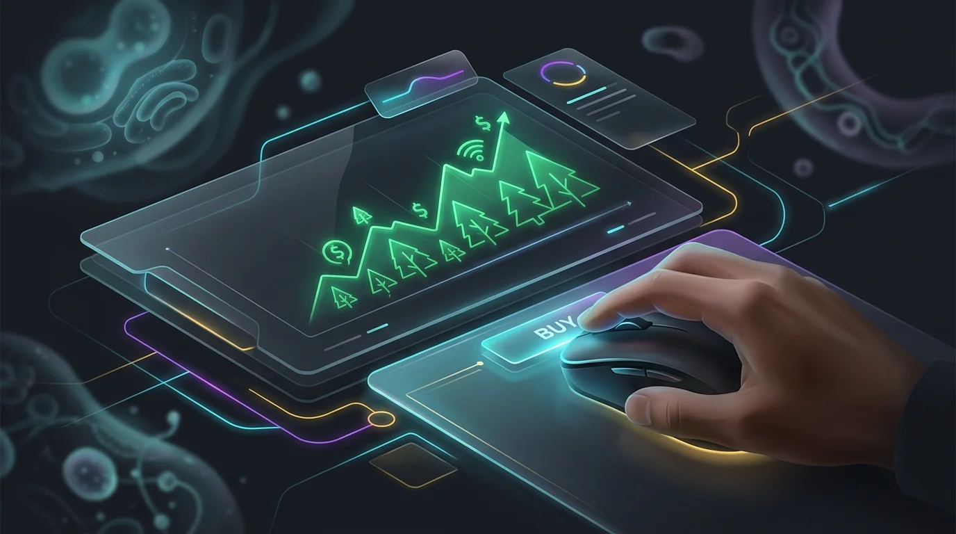 Hand clicking buy on a digital brokerage dashboard to invest in a carbon offset fund.
