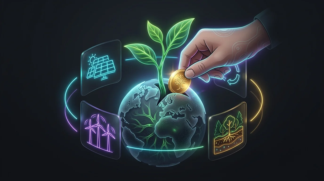 Hand placing a gold coin into a sprout on a globe to symbolize investing in top carbon offset funds for sustainability.