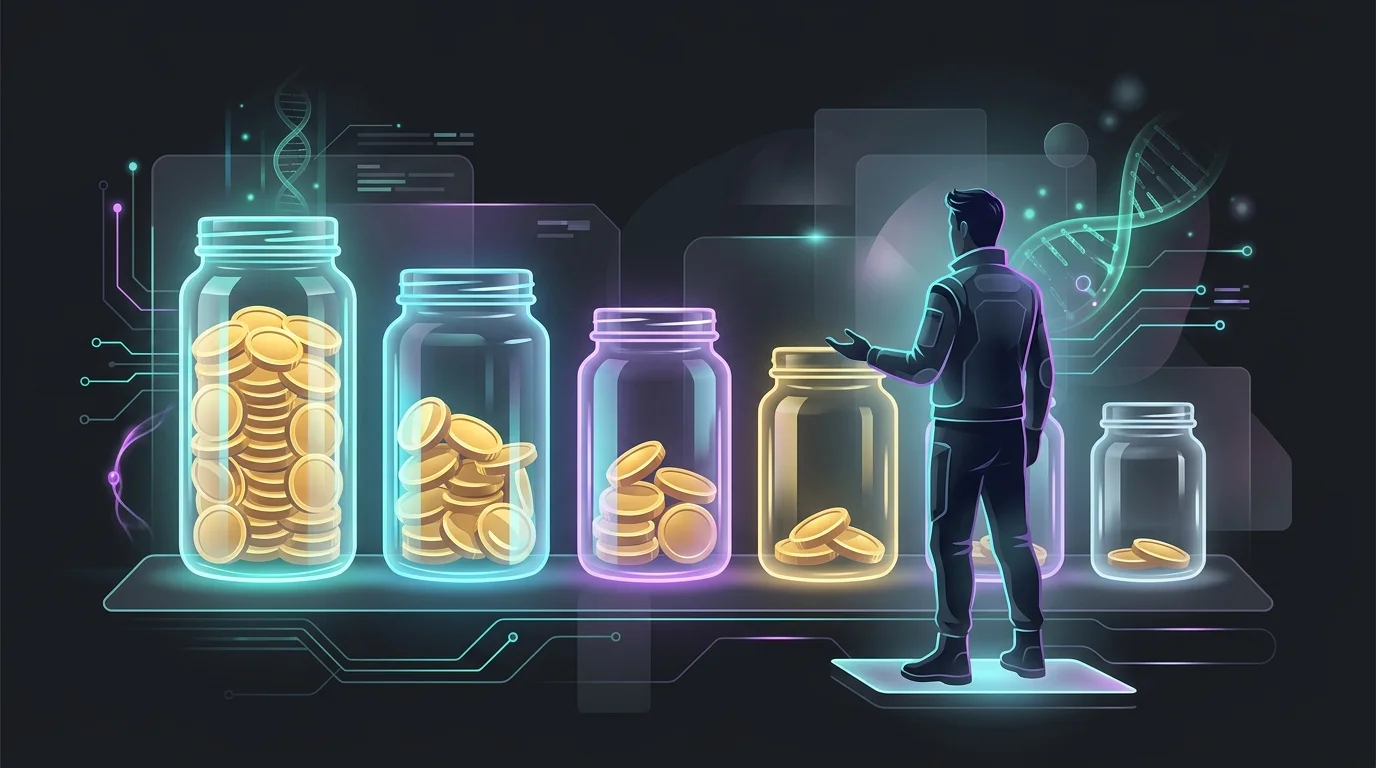 Six glass jars with varying gold coins representing different health insurance plan costs and deductibles.