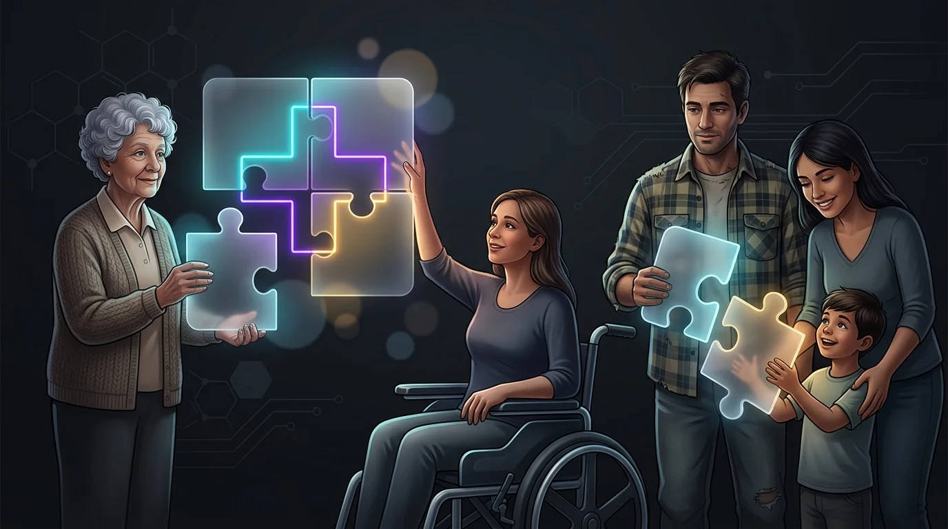 Diverse group holding puzzle pieces to form a medical cross representing accessible health insurance coverage.