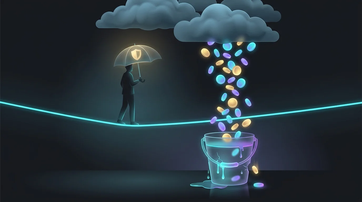 Person balancing on a tightrope with a protective shield umbrella to secure income against disability risks.
