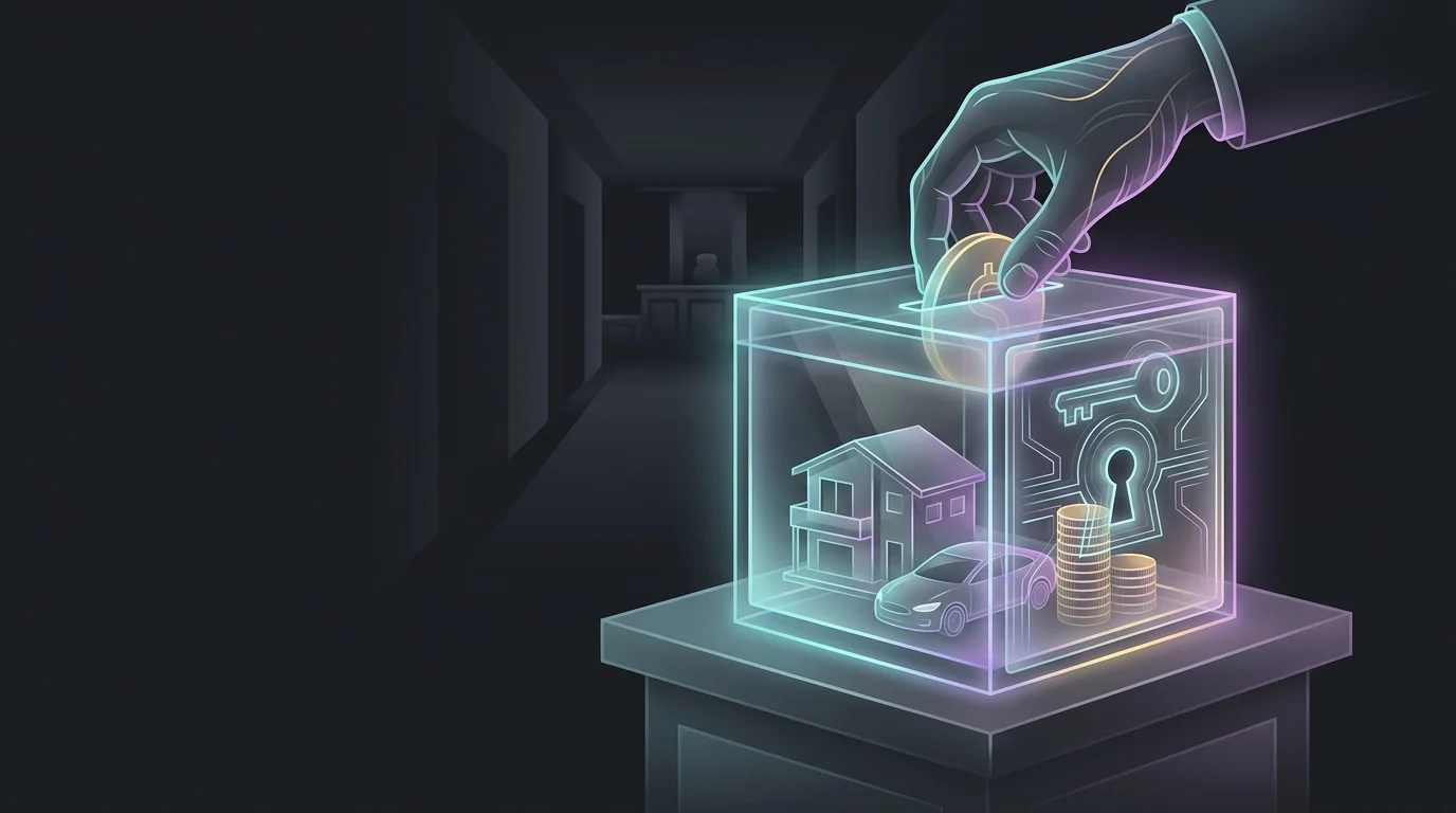 Hand placing a home, car, and savings into a secure lockbox to avoid a long, expensive probate process in estate planning.