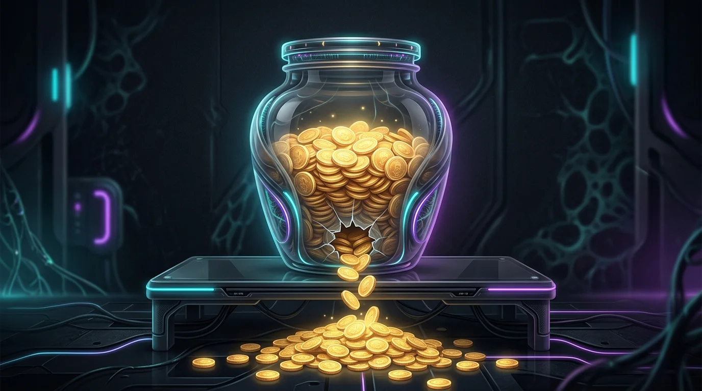 Glass jar leaking gold coins onto the floor representing how annuity fees impact long-term retirement planning returns.