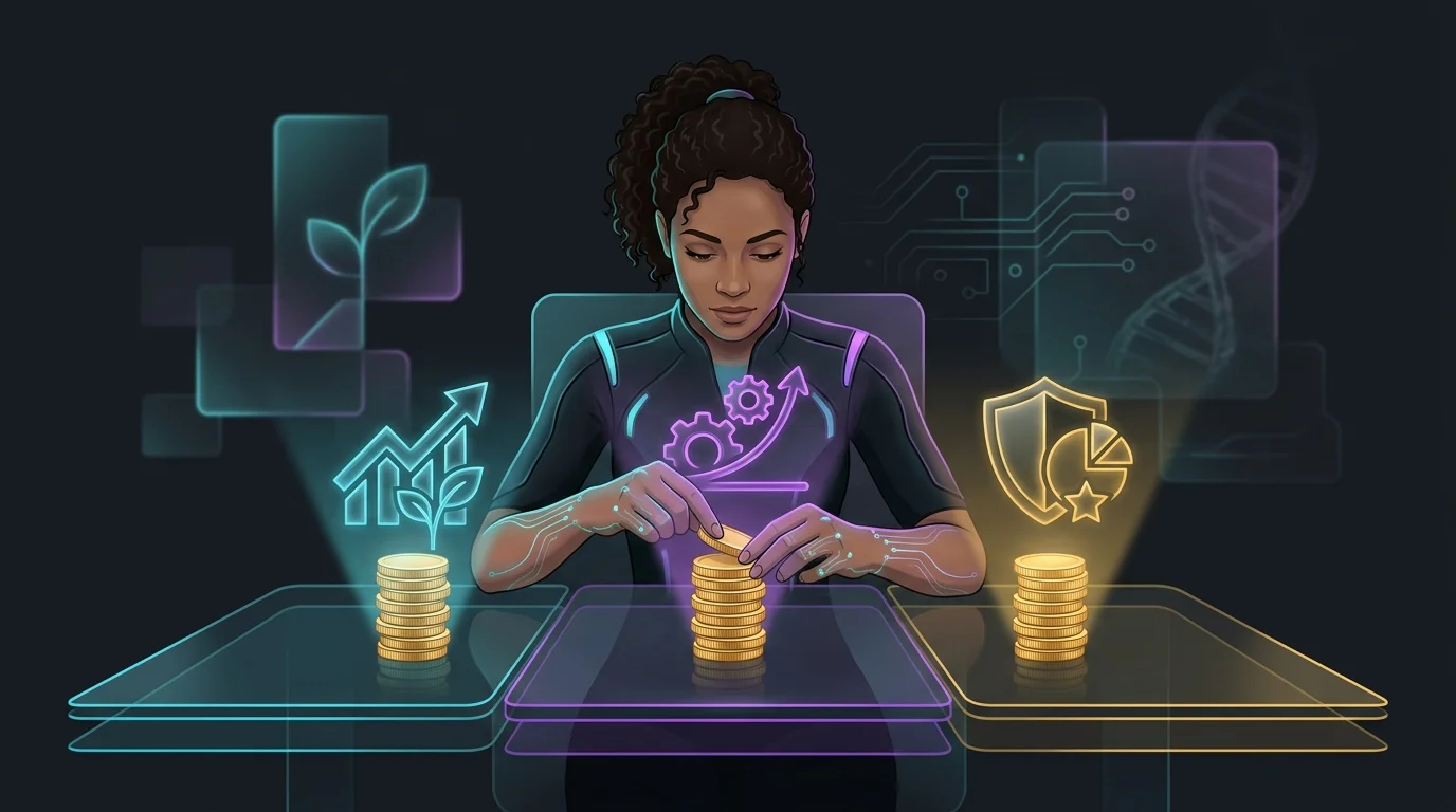 Woman organizing coins into three stacks to visualize a diversified retirement income strategy with an annuity.