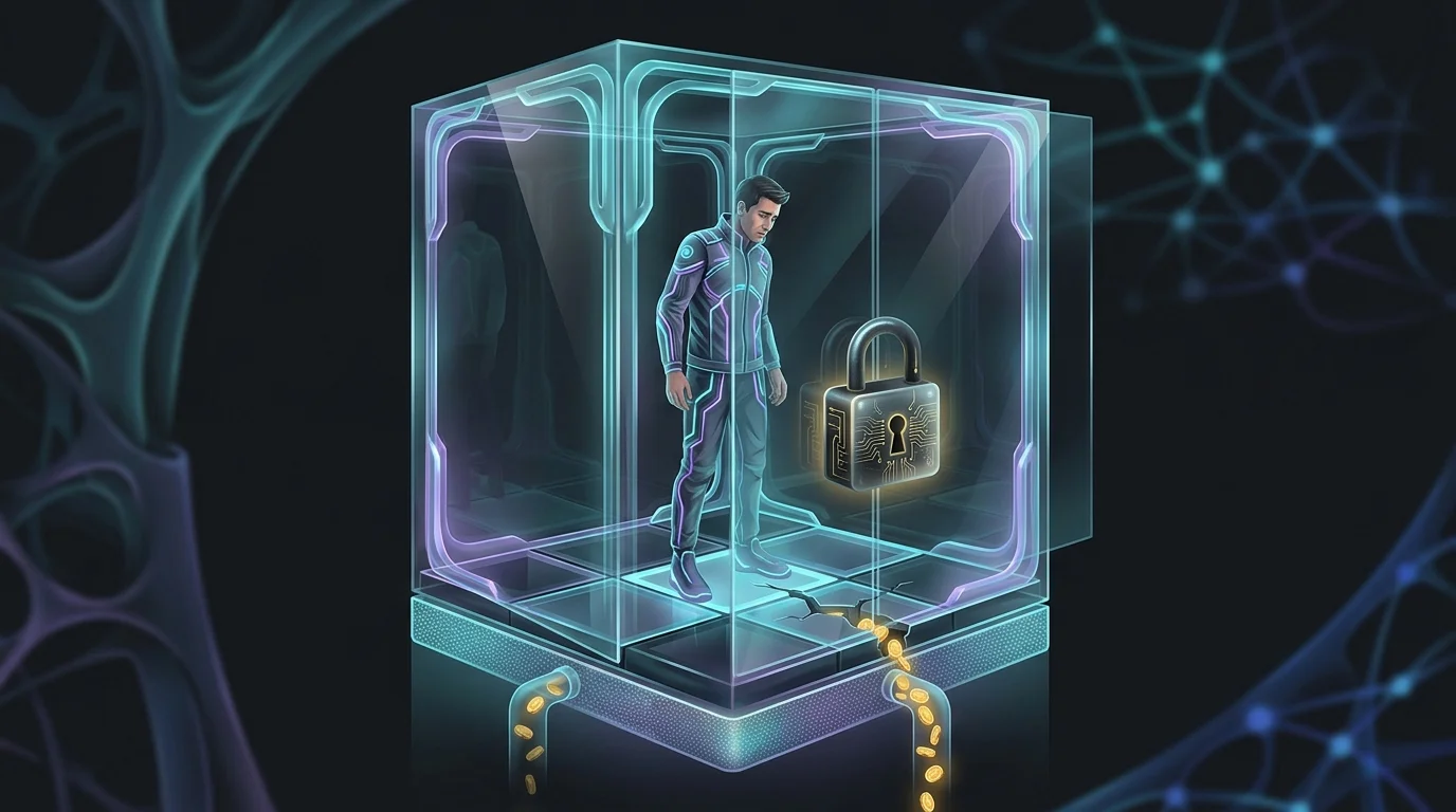 Person trapped in a glass box with draining coins, illustrating how high annuity fees can restrict retirement liquidity.