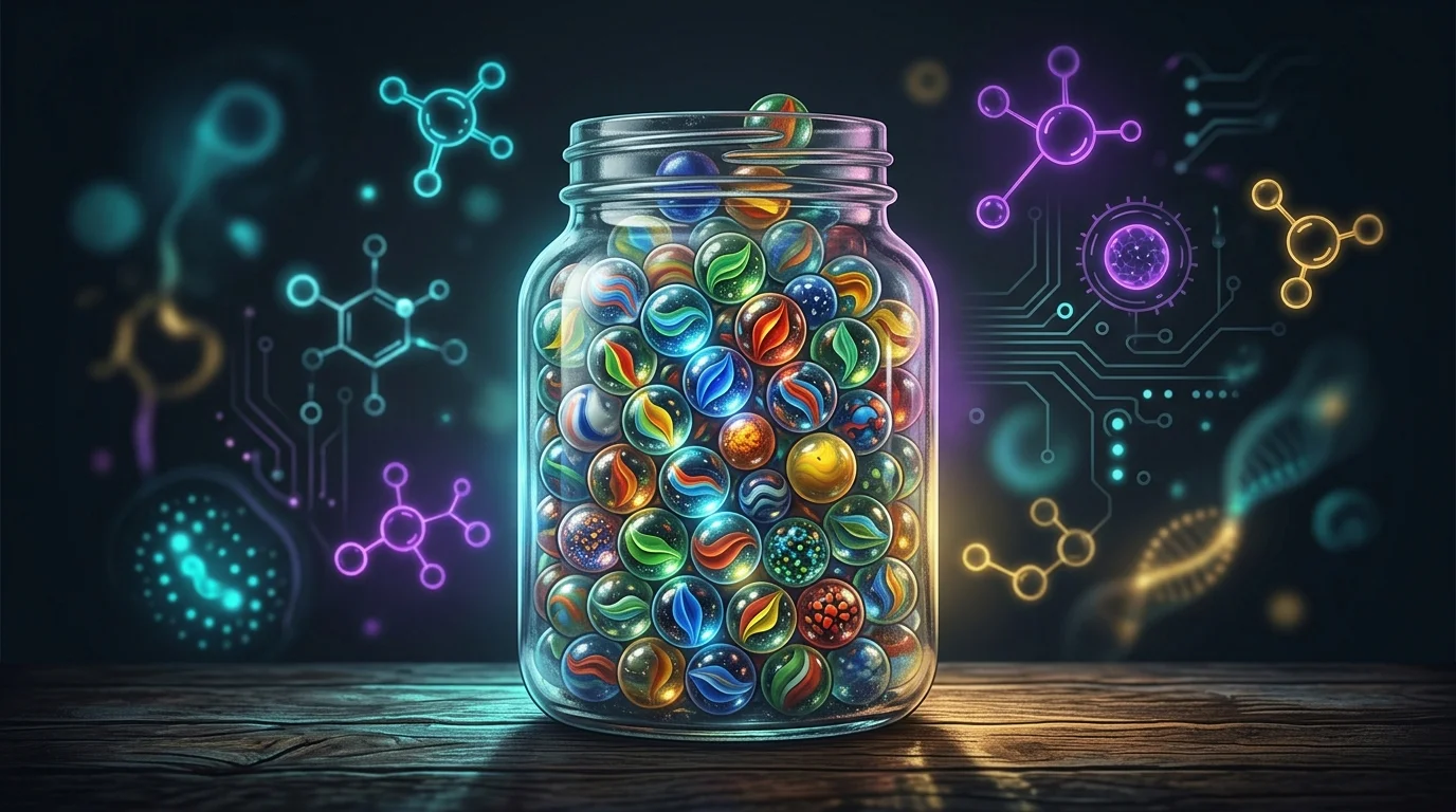 Colorful glass marbles in a jar representing a diverse, low-cost index fund for long-term wealth building.