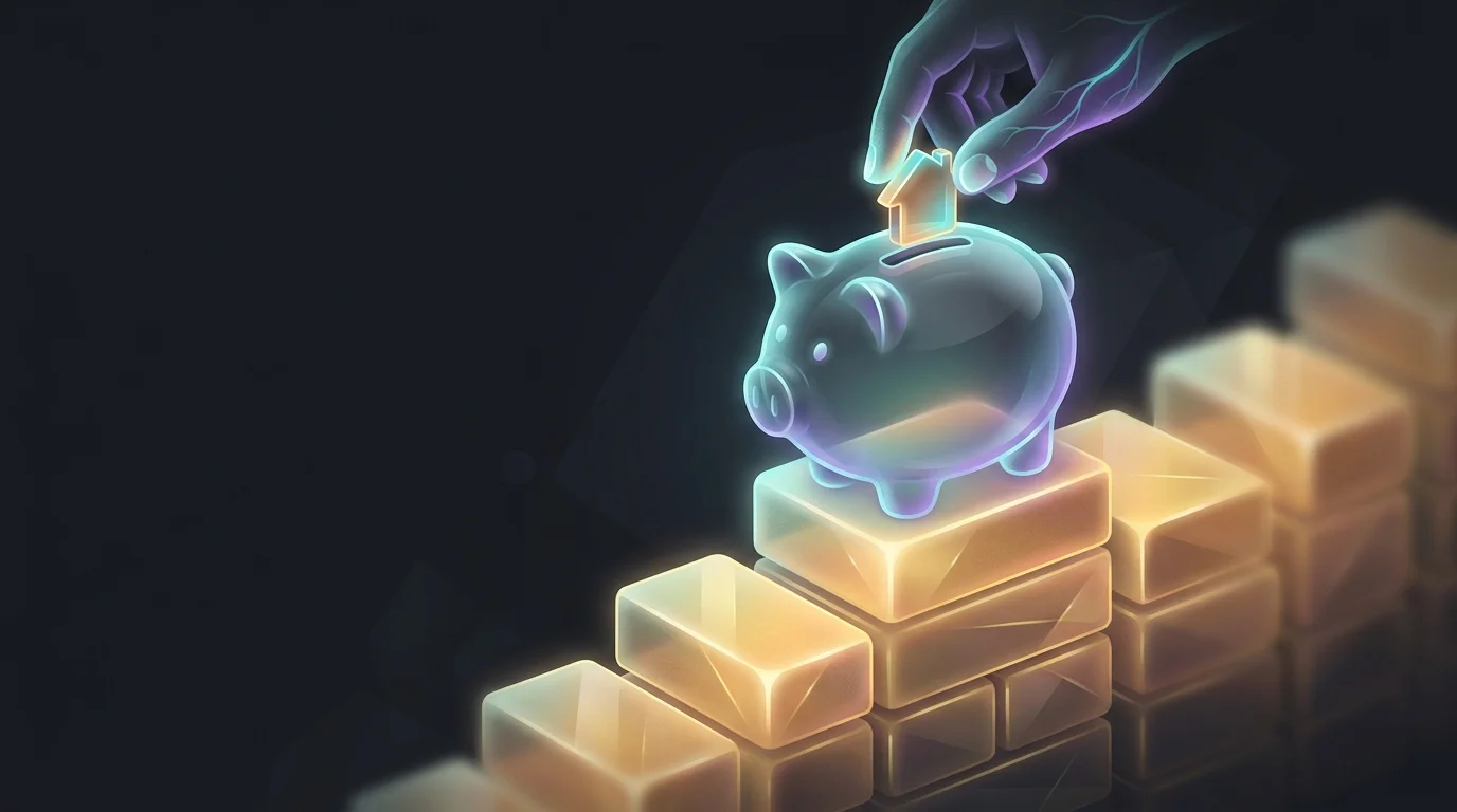 Hand placing a house coin into a piggy bank on gold bricks as part of a real estate investment strategy.