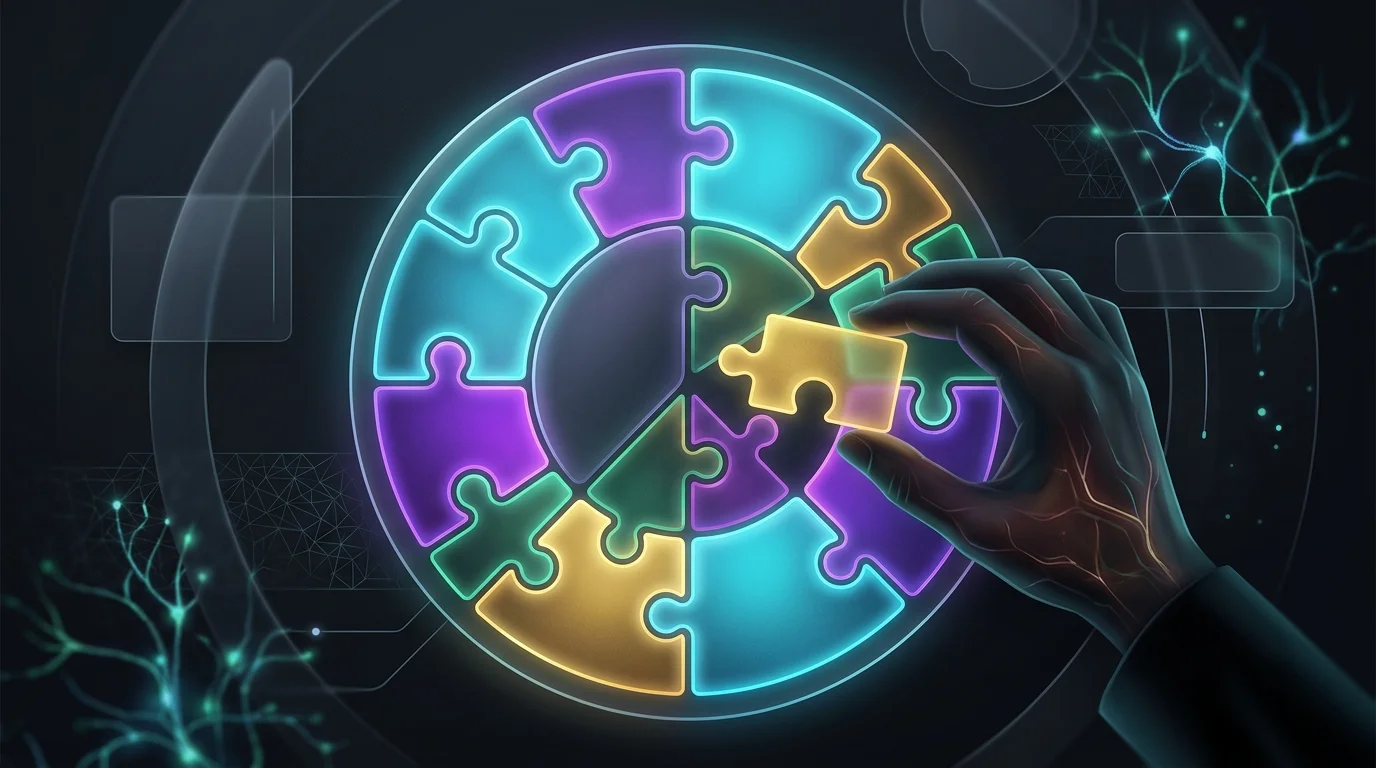Hand assembling a circular chart of puzzle pieces to represent a balanced investment portfolio against inflation.