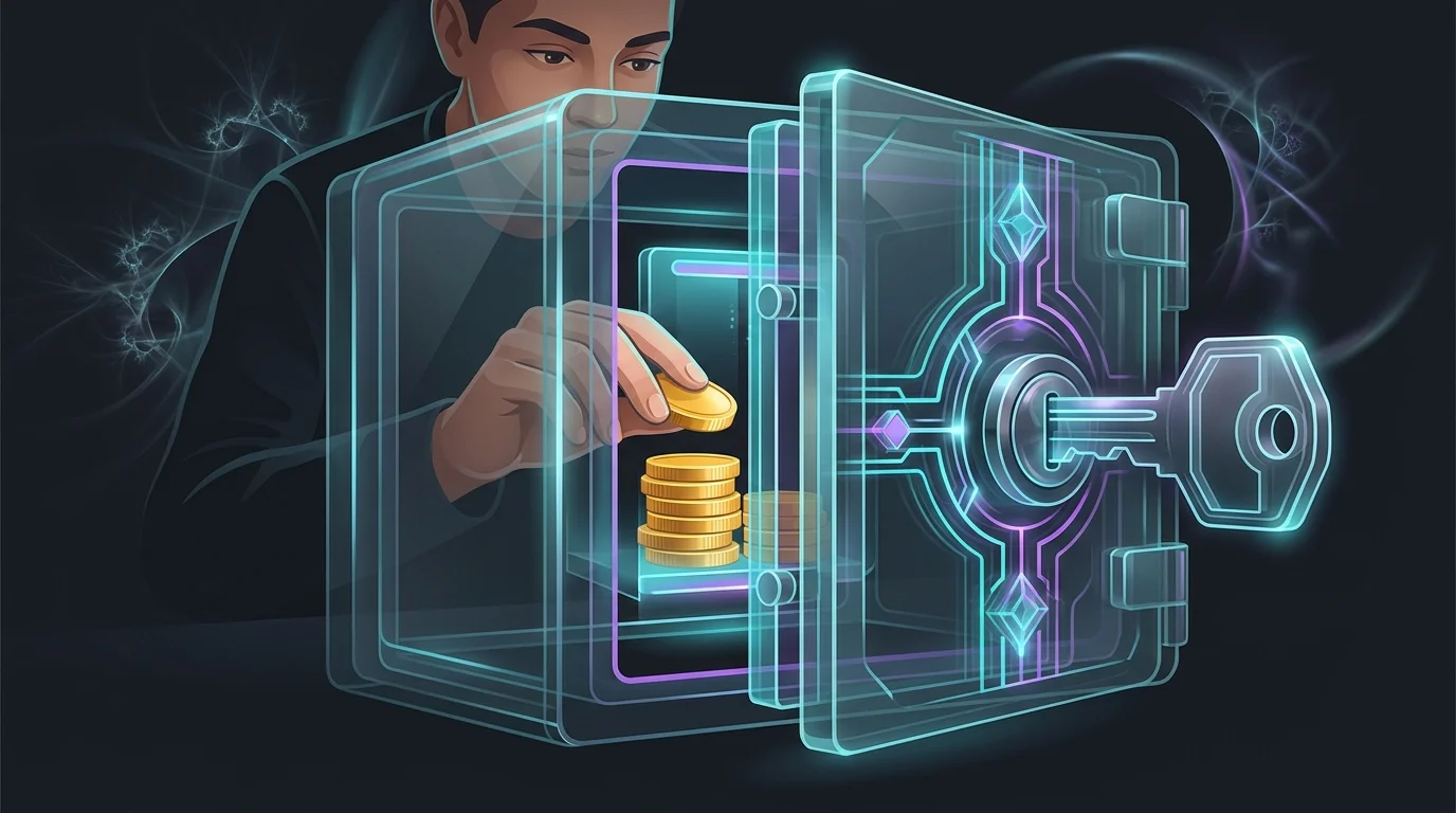 Person securing gold coins in a locked glass vault to protect savings from the impact of inflation.