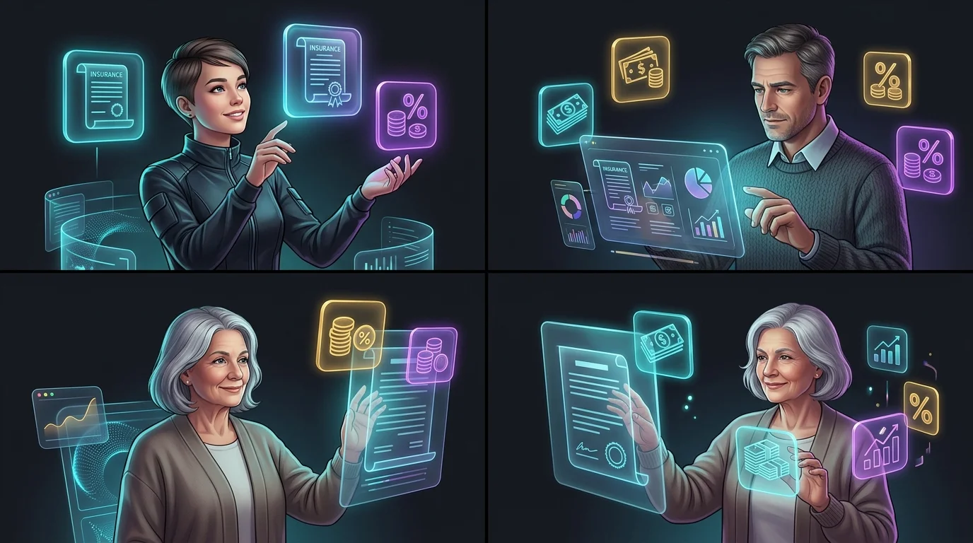 Diverse individuals managing life insurance riders and policy savings with digital financial icons.